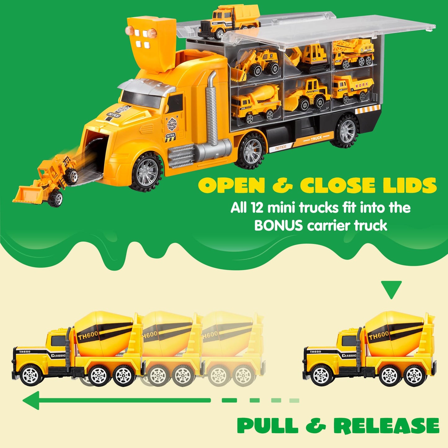 JOYIN 25-in-1 Kids Construction Truck Set – 24Pcs with Sounds & Lights, Carrier Truck, 12 Mini Vehicles & 12 Worker Figures