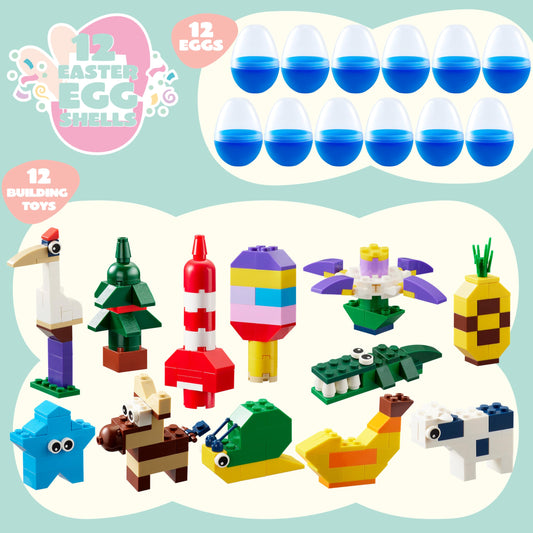 JOYIN 12 Pcs Pre-Filled Easter Eggs with Cute Characters Building Blocks — Kids Gift, Hunt & Party Favors