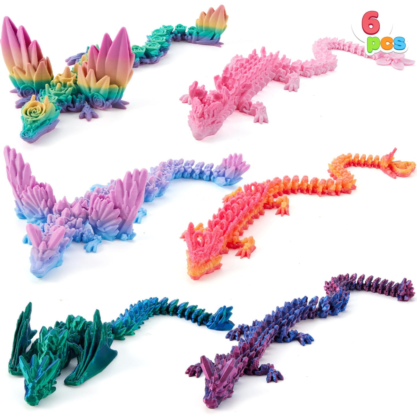 JOYIN 6 Pcs 12 Inch Large 3D Printed Dragon Fidget Toys — Articulated Gradient Dragons for Desk Decor
