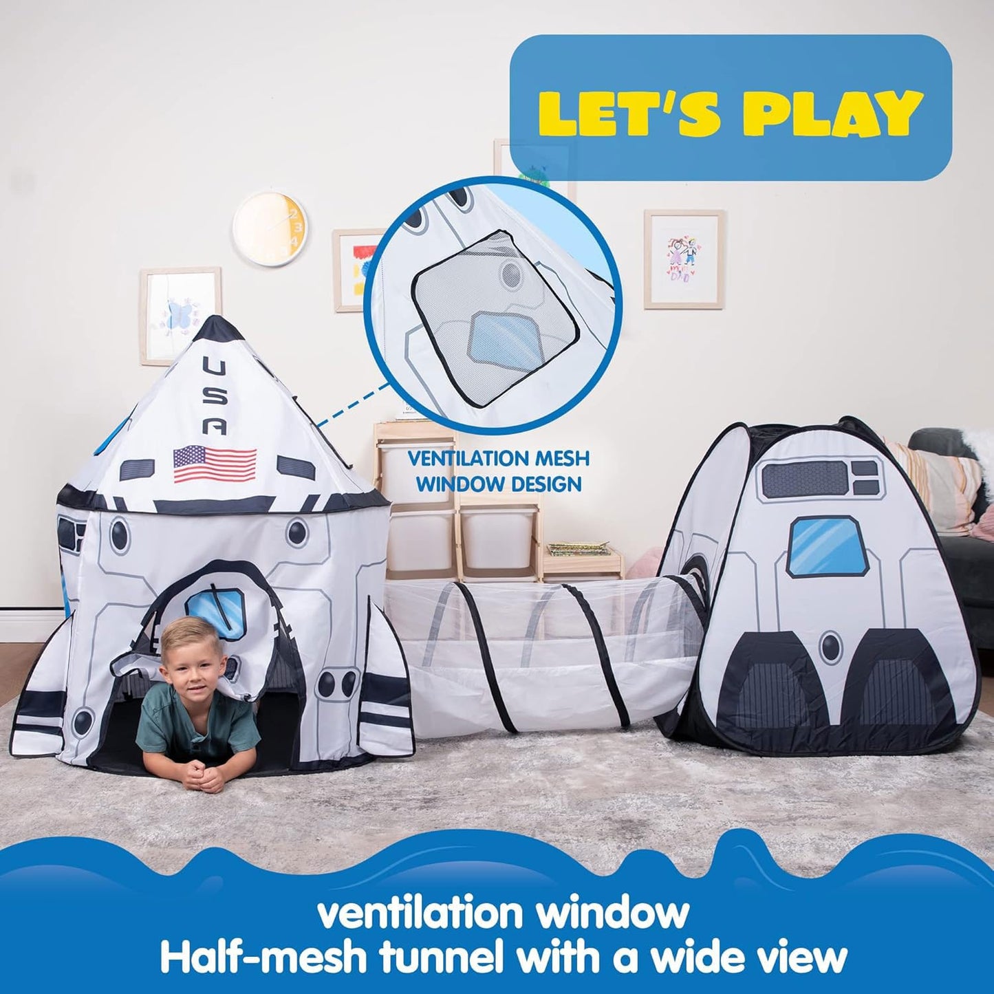 JOYIN White Rocket Ship Pop Up Play Tent with Tunnel – Indoor & Outdoor Kids Space Playset