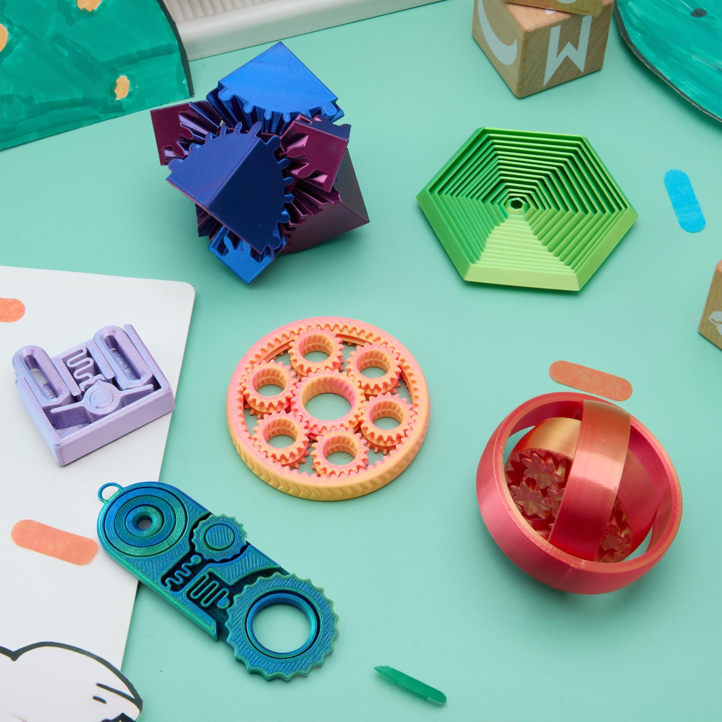 JOYIN 6Pcs 3D Printed Fidget Toys — Spin Fractal Gear, Metallic Color