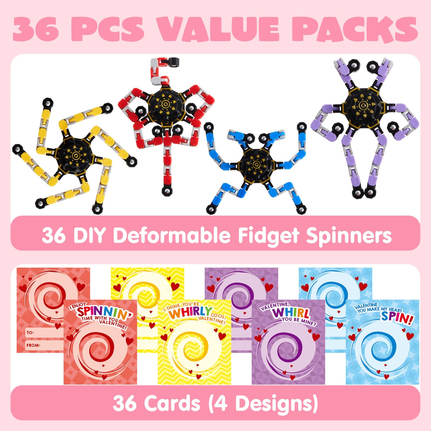 JOYIN 36-Pack Valentine's Gift Cards with Fidget Spinners – Deformable DIY Spinners for Kids