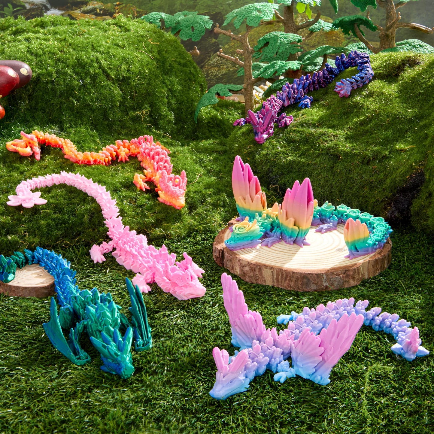 JOYIN 6 Pcs 12 Inch Large 3D Printed Dragon Fidget Toys — Articulated Gradient Dragons for Desk Decor