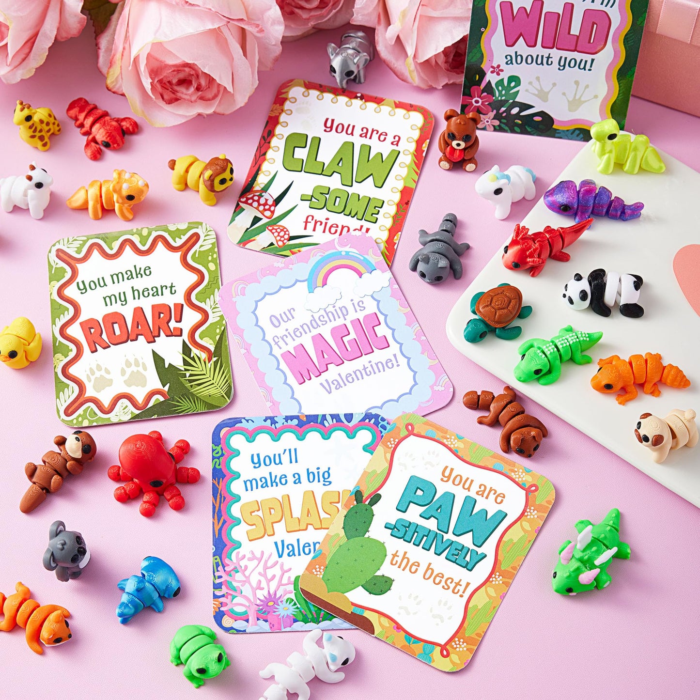 JOYIN 28 Pcs 3D Printed Mini Animals with Valentine Cards | Fidget Toys & Classroom Gifts