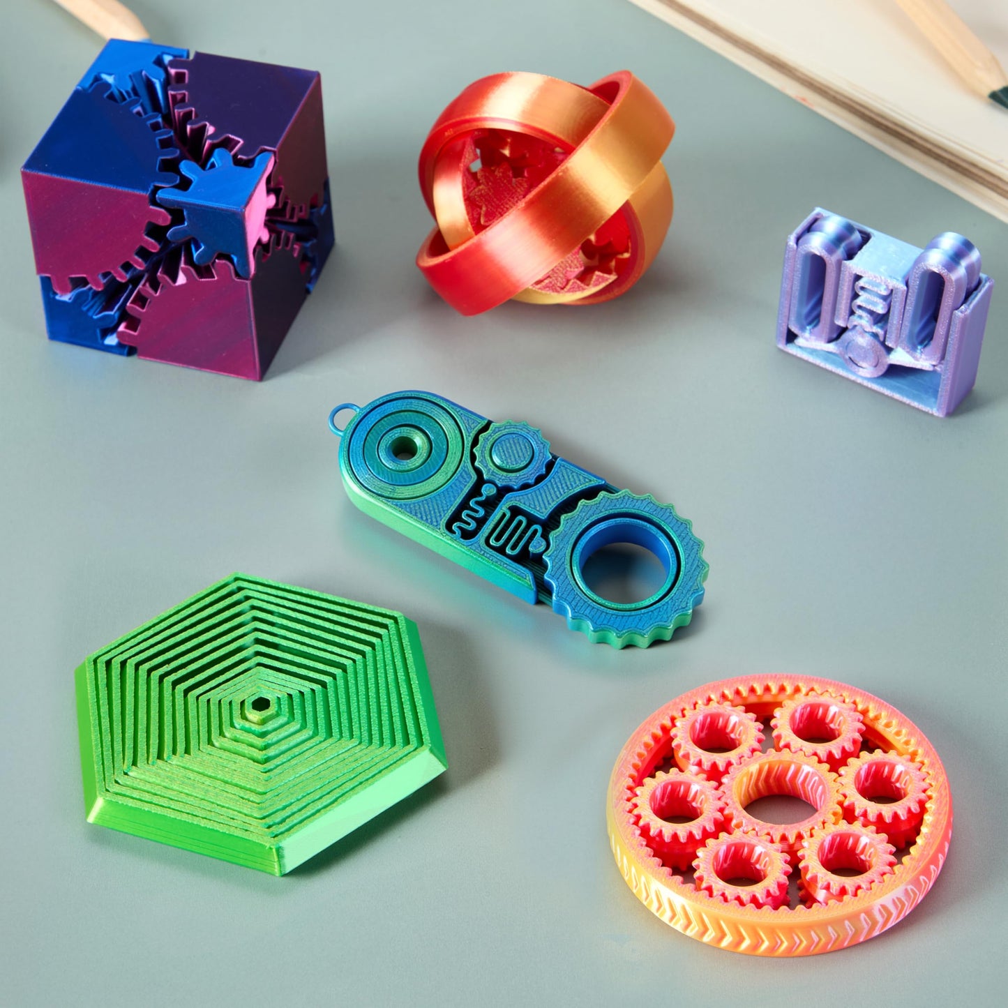 JOYIN 6Pcs 3D Printed Fidget Toys — Spin Fractal Gear, Metallic Color
