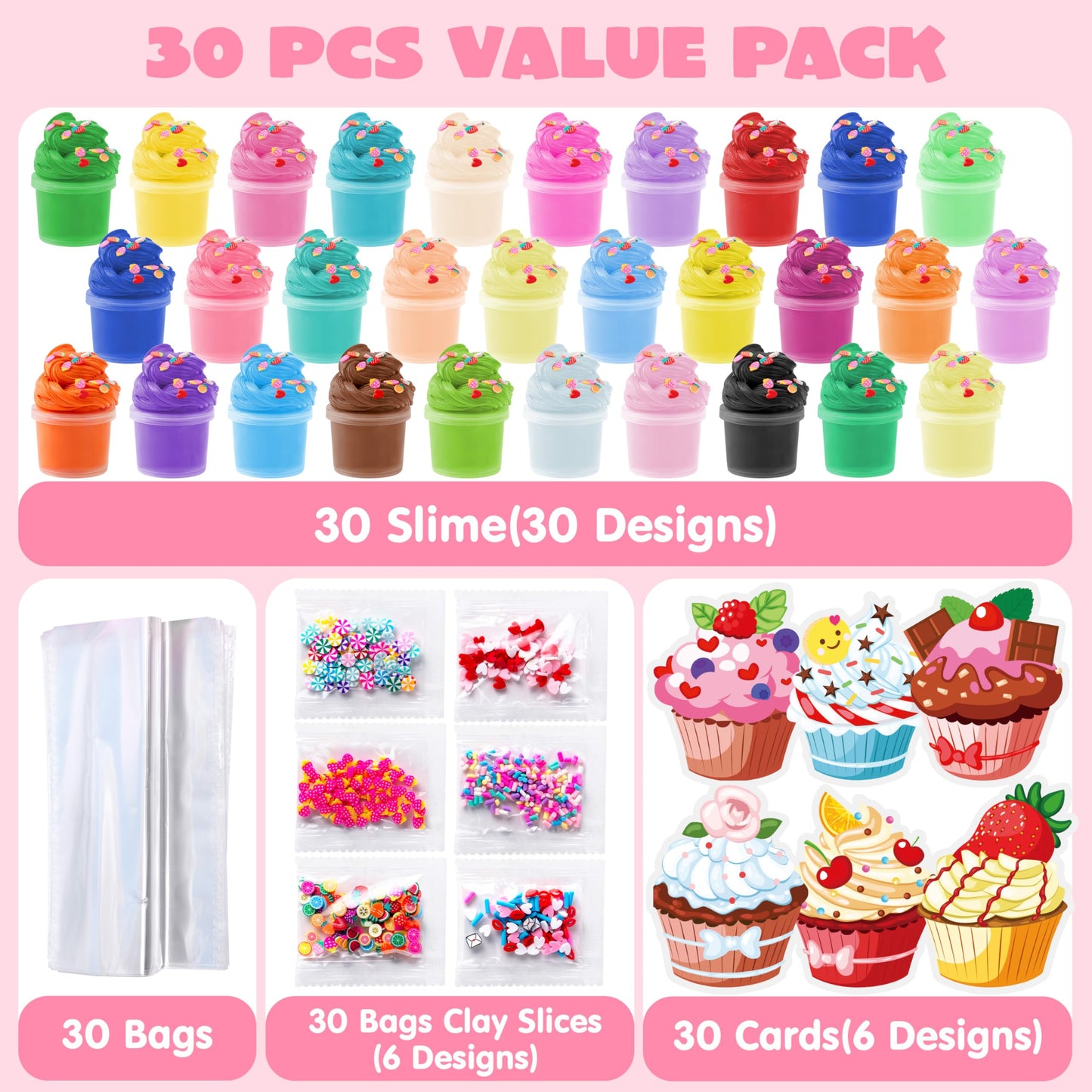 JOYIN 30 Pcs Valentines Day Butter Slime Set with Rubber Slices & Dessert Cards | Soft, Non-Sticky Stress Relief Slime