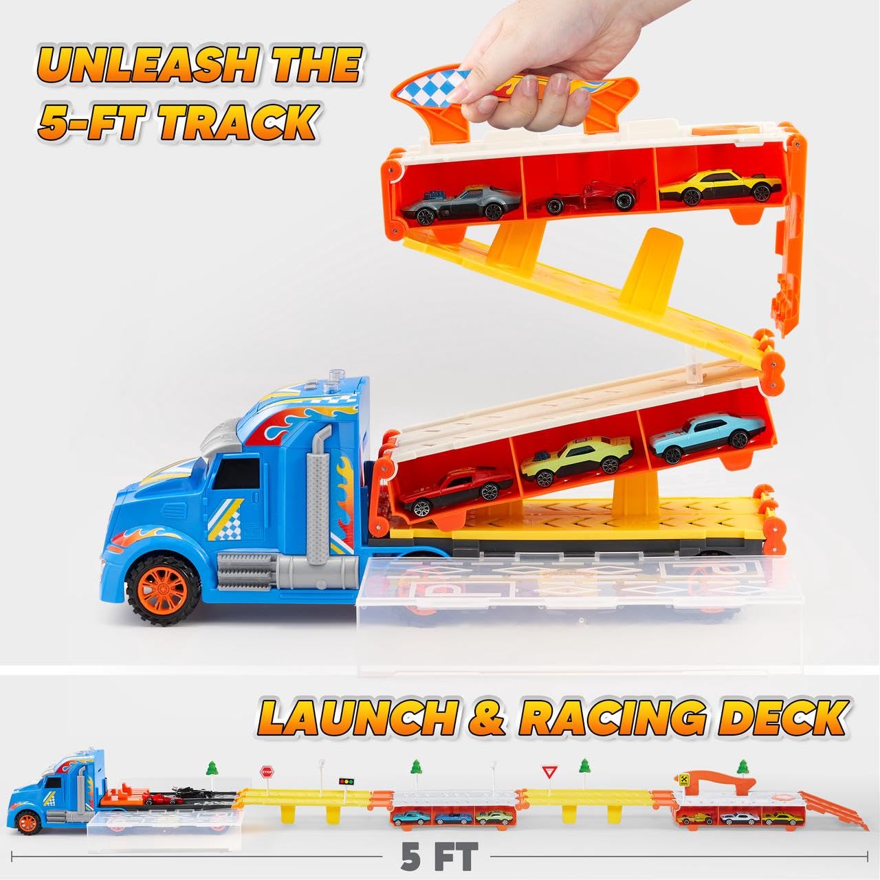 JOYIN Toy Truck Carrier Set – 5-Foot Track & 12 Die-Cast Cars