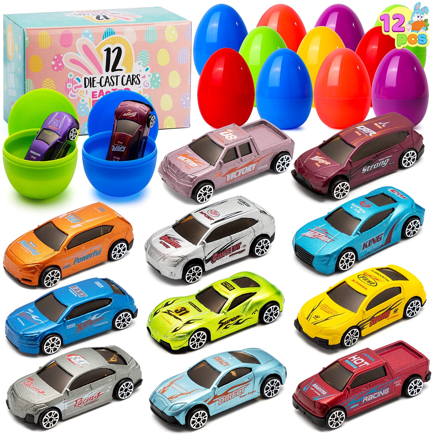 JOYIN 12 Pcs Die-Cast Car Filled Easter Eggs – Pre-Filled Eggs with Different Cars
