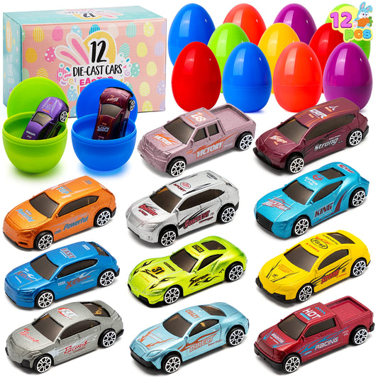 JOYIN 12 Pcs Die-Cast Car Filled Easter Eggs – Pre-Filled Eggs with Different Cars