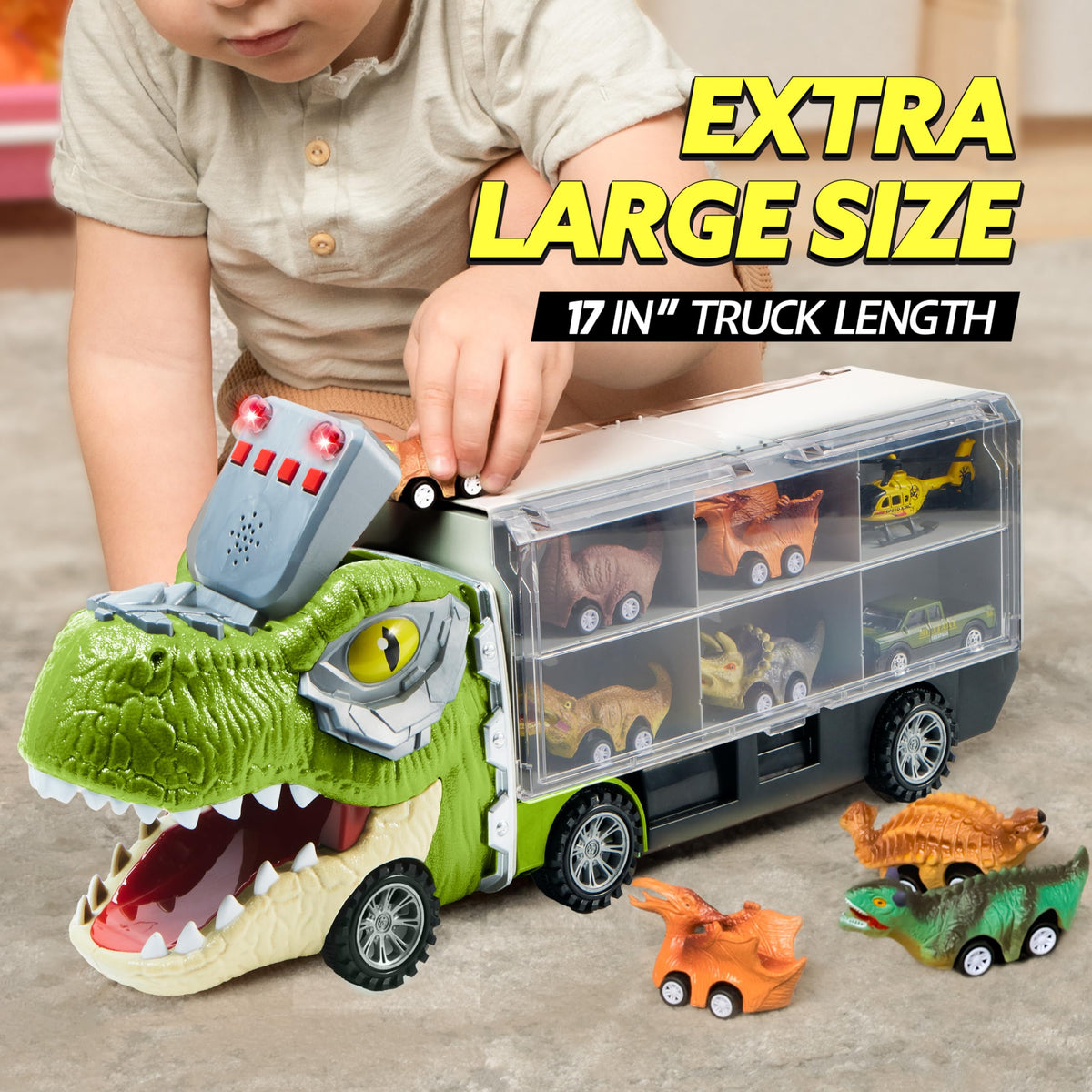 JOYIN 13-in-1 Dinosaur Truck with 12 Pull-Back Cars – Interactive Transport Carrier Toy for Kids 3-5