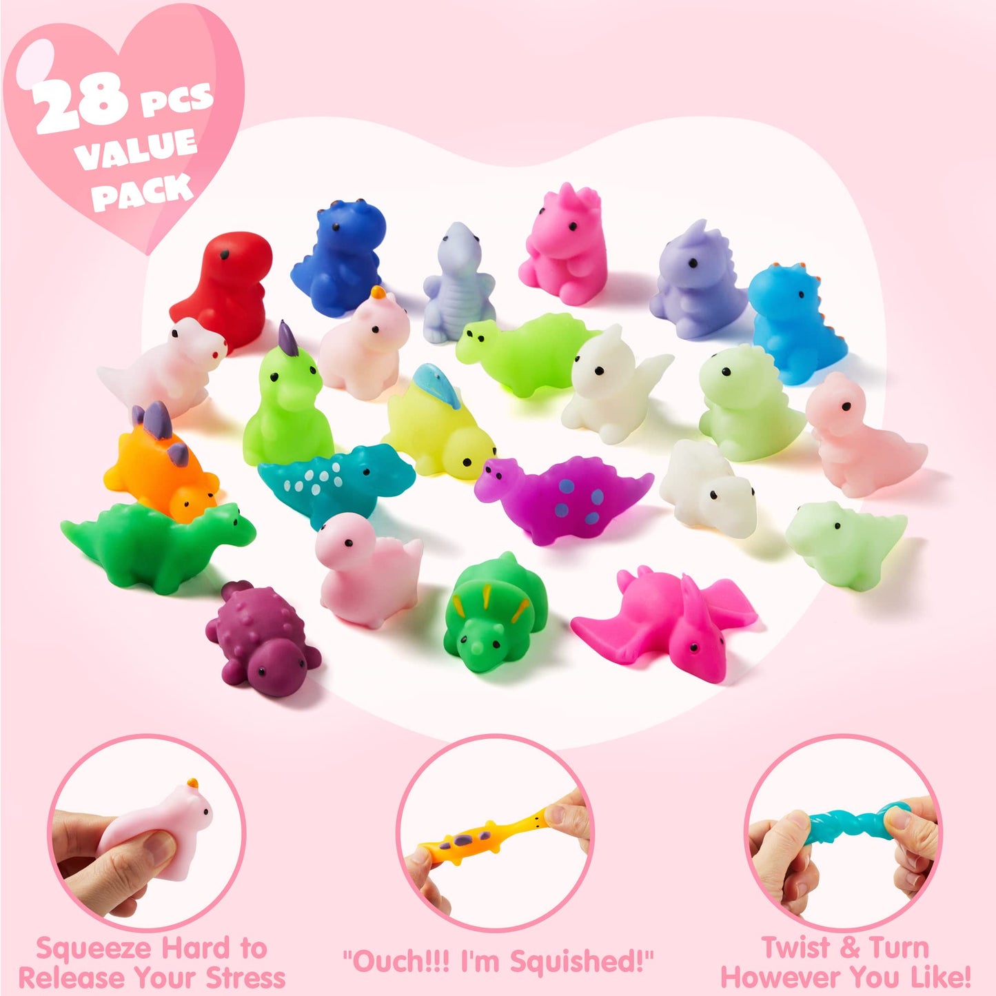 JOYIN 28-Pack Valentines Day Dinosaur Mochi Squishy Toys - Classroom Gifts & Party Favors