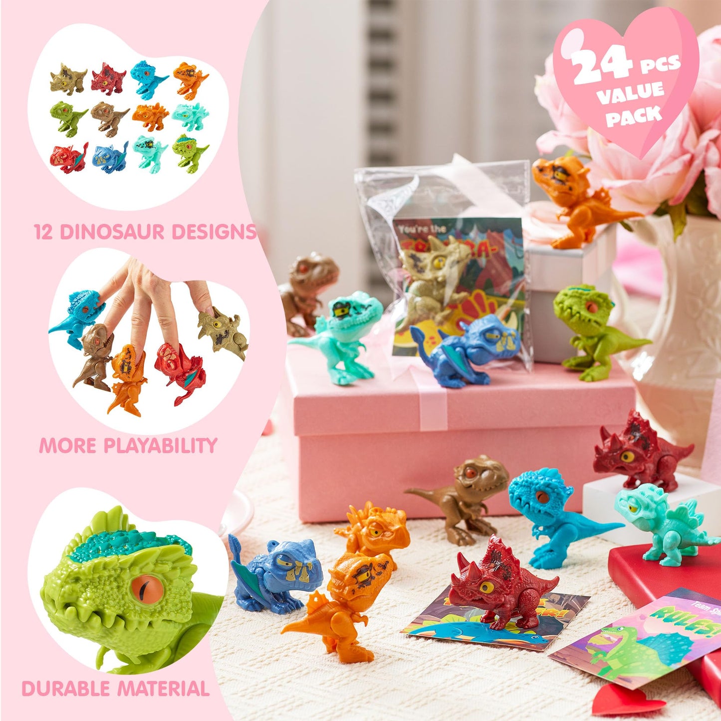 JOYIN 24 Pcs Valentine's Day Cards with Movable Dinosaur Toys – 12 Designs, Classroom Favors