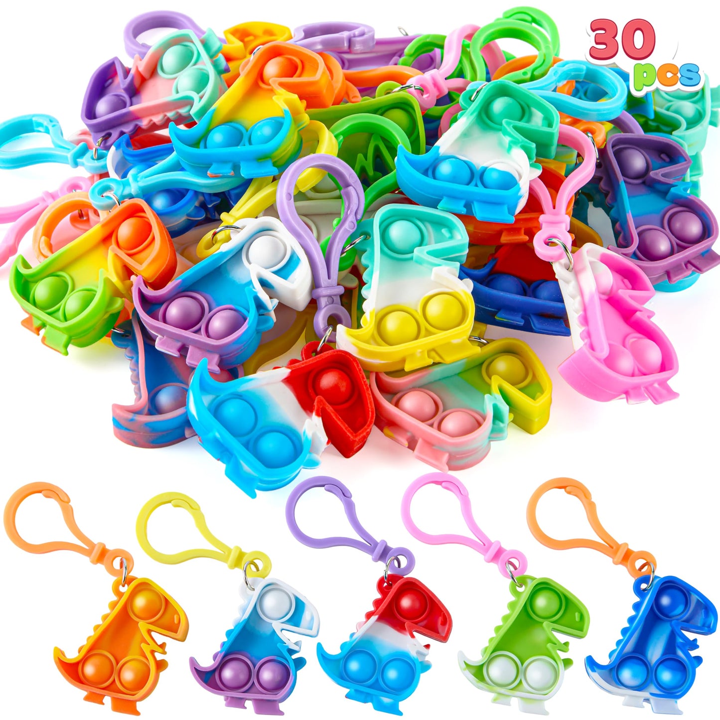 JOYIN Dinosaour Pop Fidget Keychain 30-Pack – Colorful Silicone Sensory Toys for Kids & Classrooms