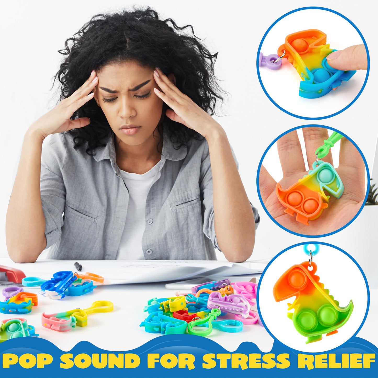 JOYIN Dinosaour Pop Fidget Keychain 30-Pack – Colorful Silicone Sensory Toys for Kids & Classrooms