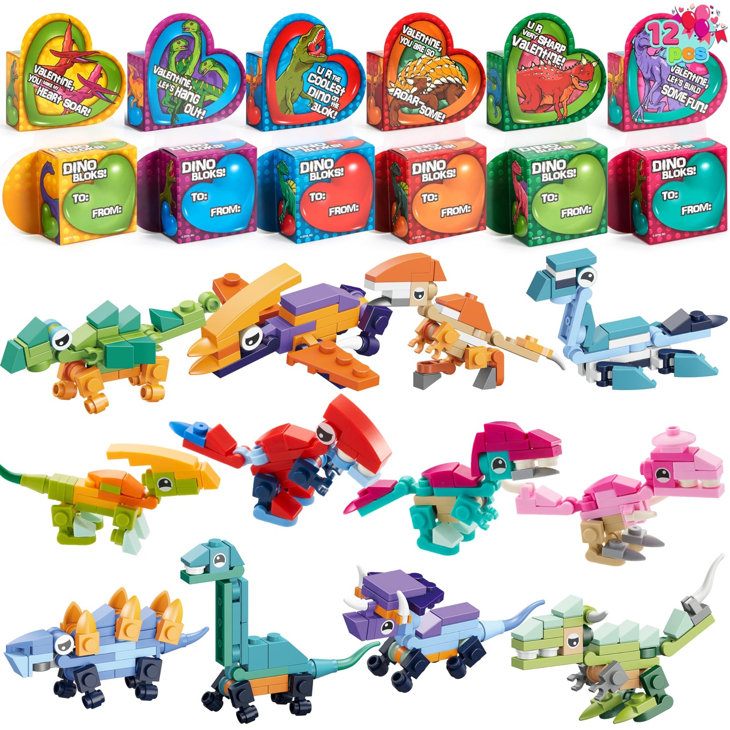 JOYIN 12 Packs Valentines Dinosaur Building Blocks with Heart Boxes – Party Favors & Classroom Gifts