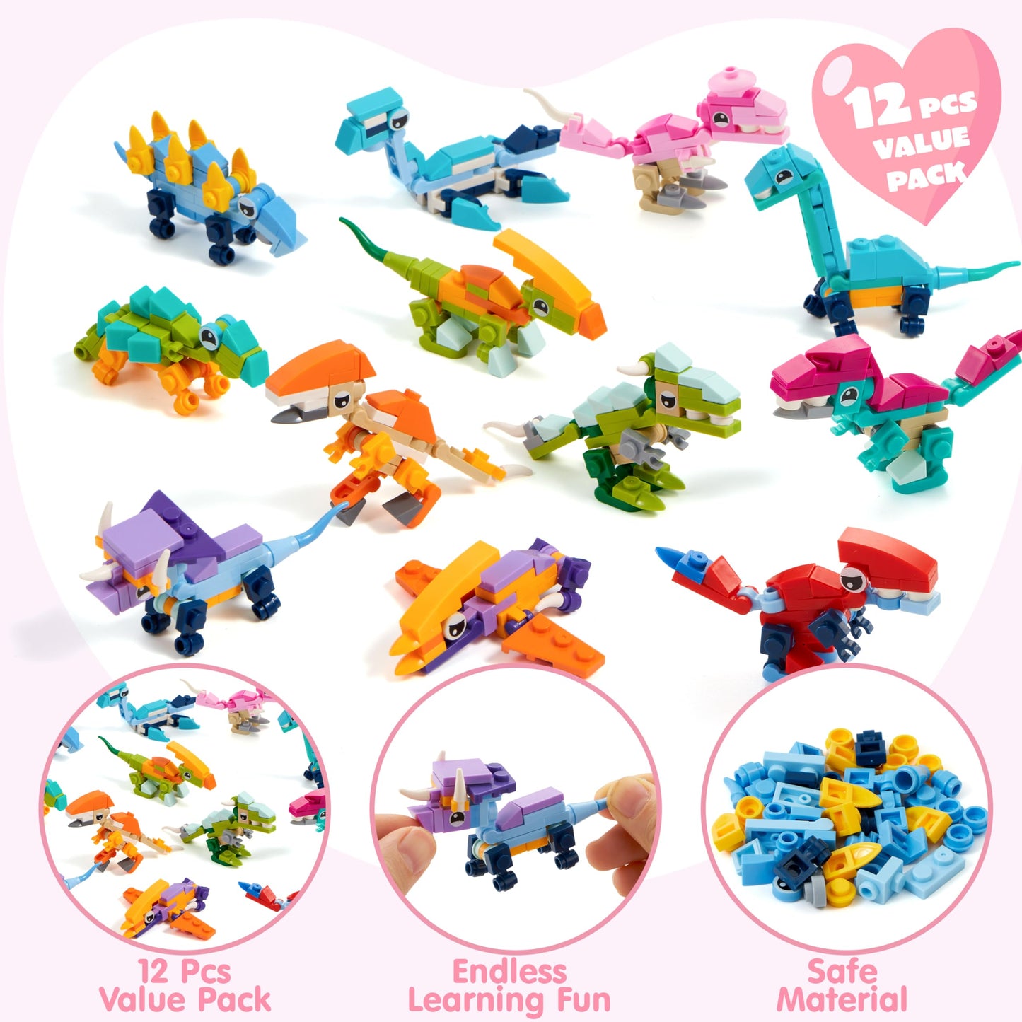 JOYIN 12 Packs Valentines Dinosaur Building Blocks with Heart Boxes – Party Favors & Classroom Gifts