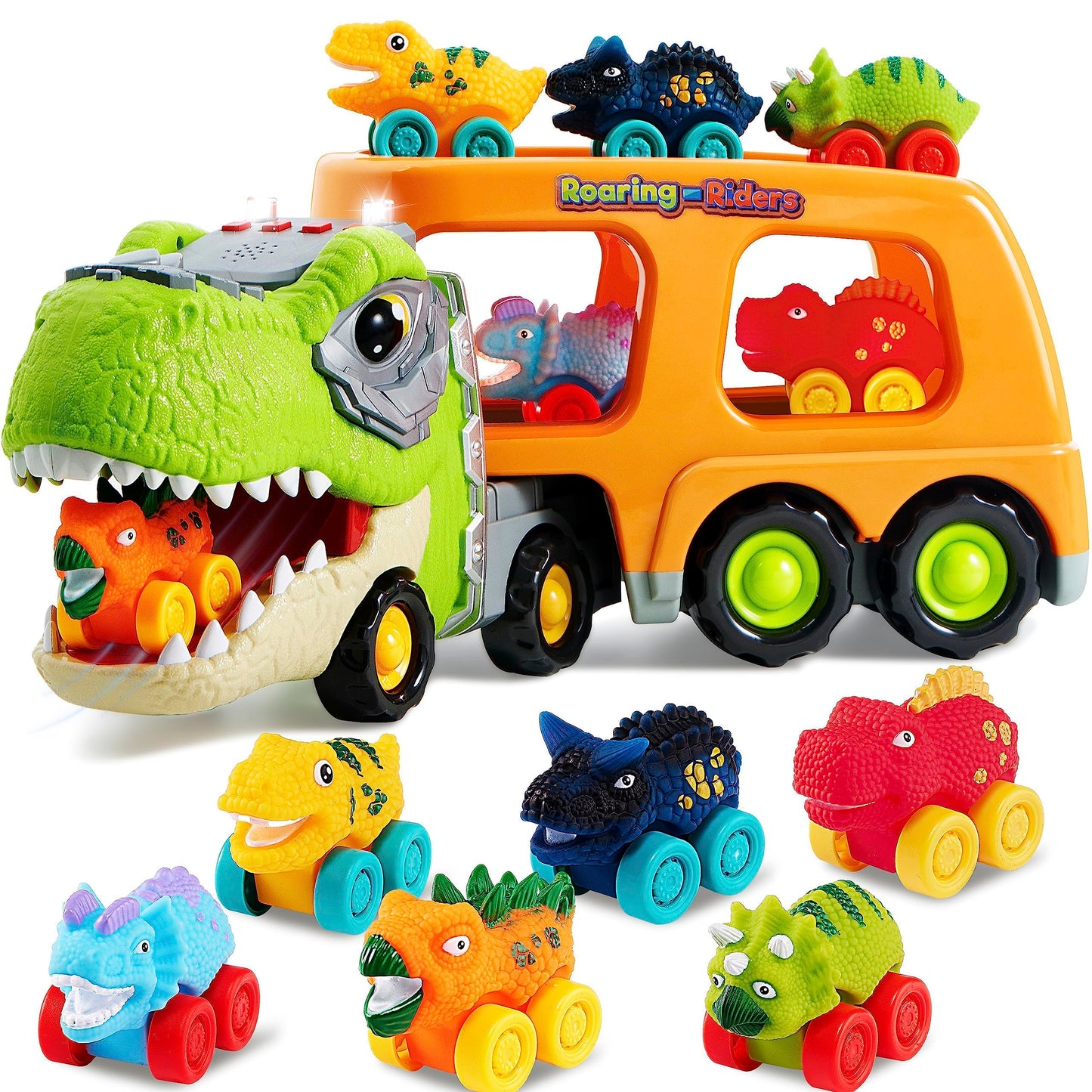 JOYIN Dinosaur Carrier Truck with 6 Mini Cars – Toys for Kids 2-4, Music & Lights