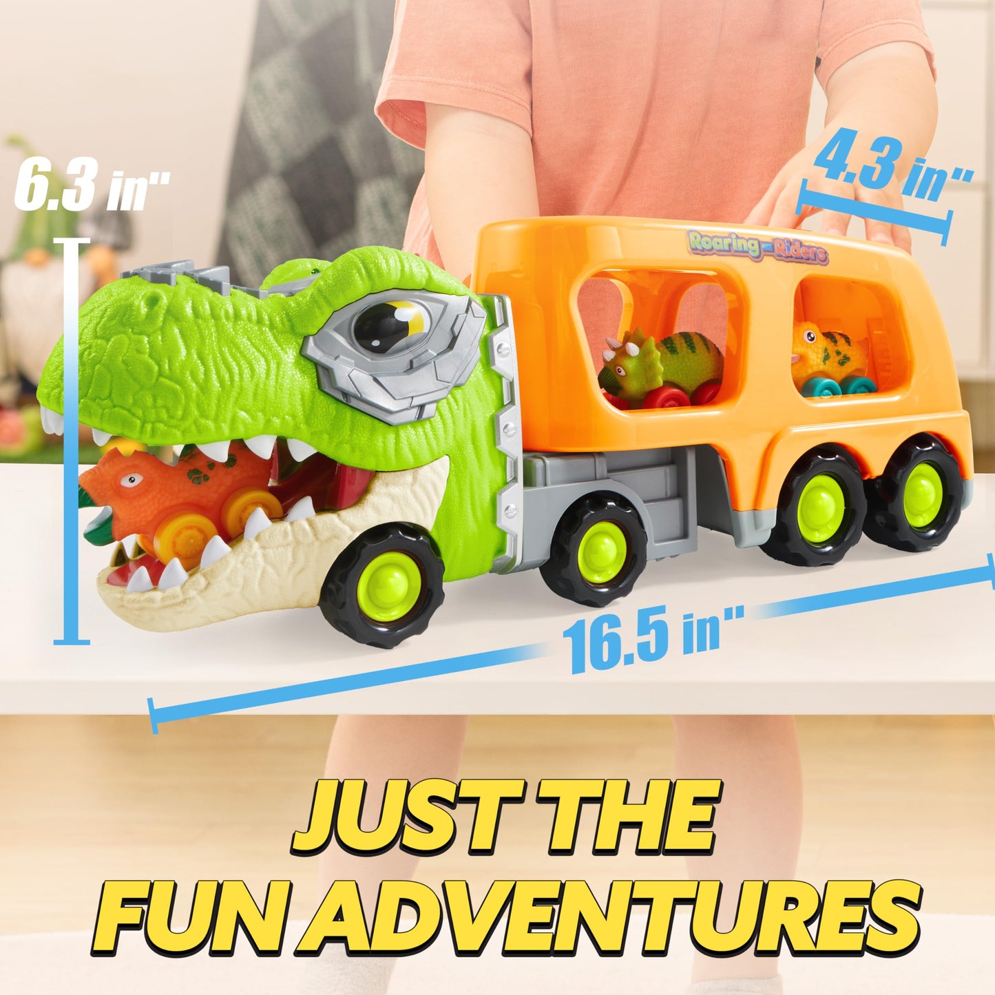 JOYIN Dinosaur Carrier Truck with 6 Mini Cars – Toys for Kids 2-4, Music & Lights