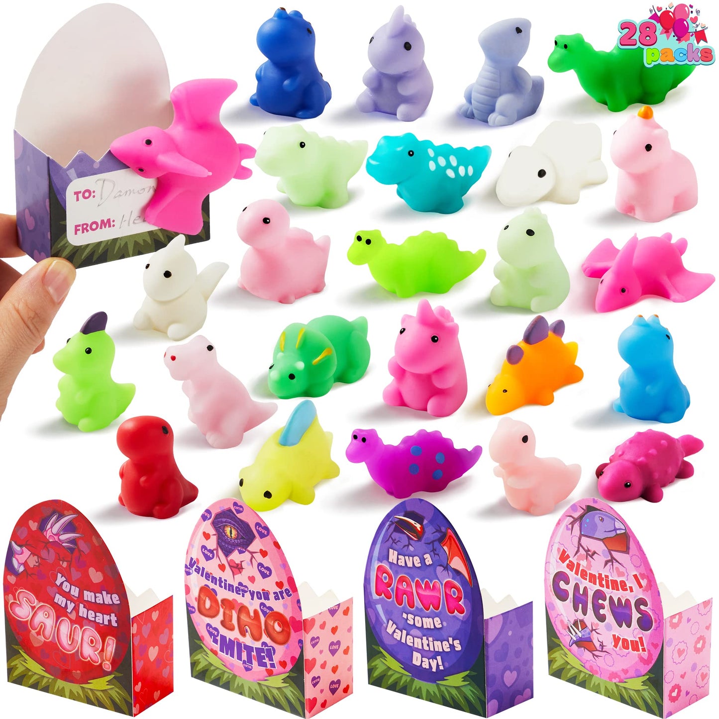 JOYIN 28-Pack Valentines Day Dinosaur Mochi Squishy Toys - Classroom Gifts & Party Favors