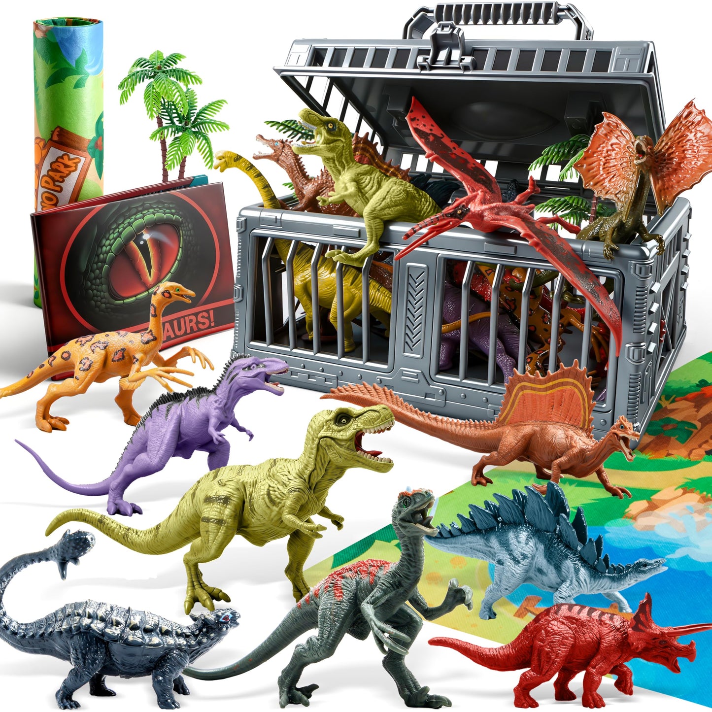 JOYIN 19-Piece Dinosaur Toys with Play Mat & Storage Cage for Toddlers