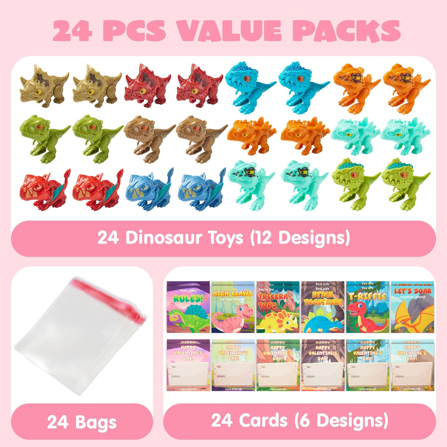 JOYIN 24 Pcs Valentine's Day Cards with Movable Dinosaur Toys – 12 Designs, Classroom Favors