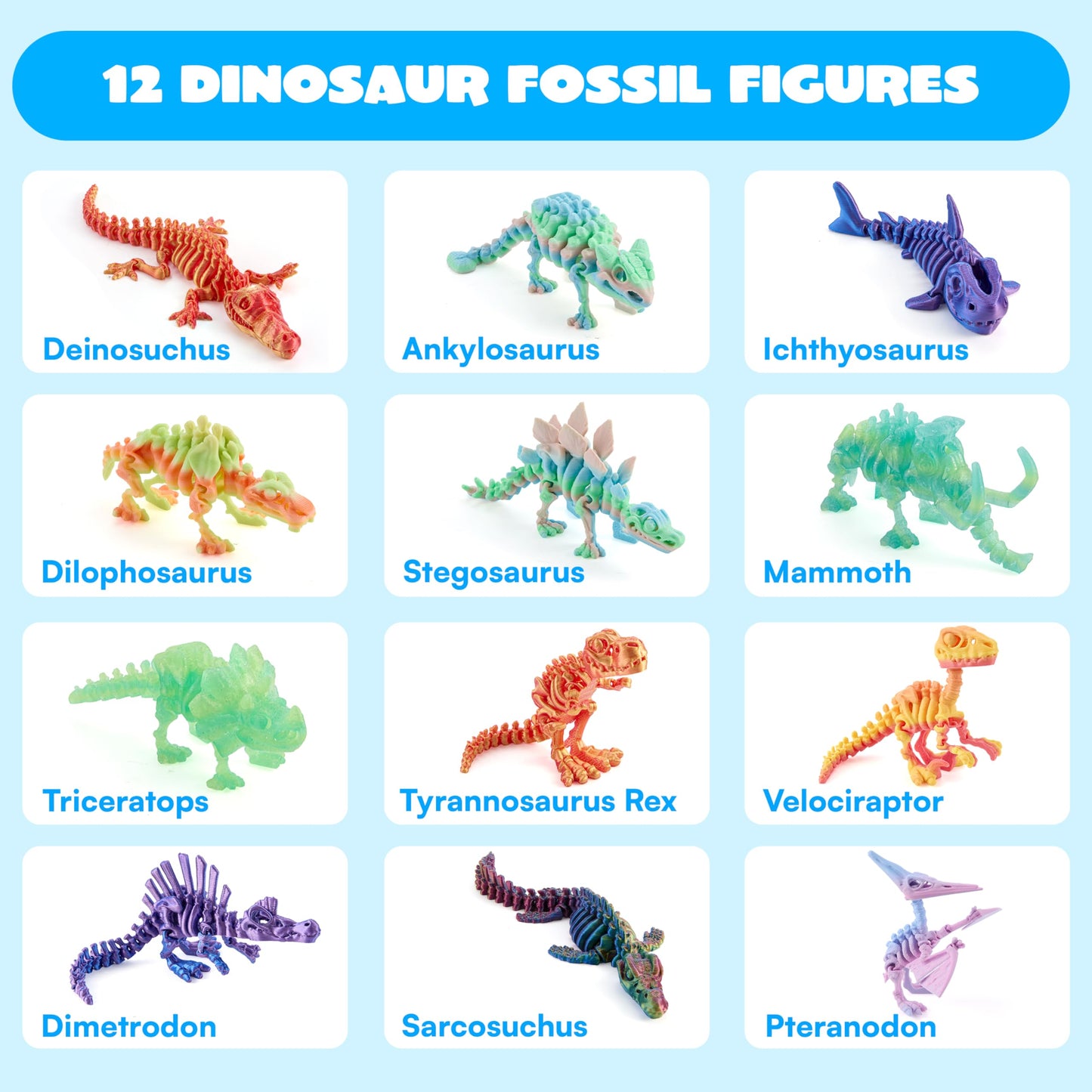 JOYIN 12-Piece 3D Printed Dinosaur Fidget Toys – Articulated Skeletons for Kids, Party Favors