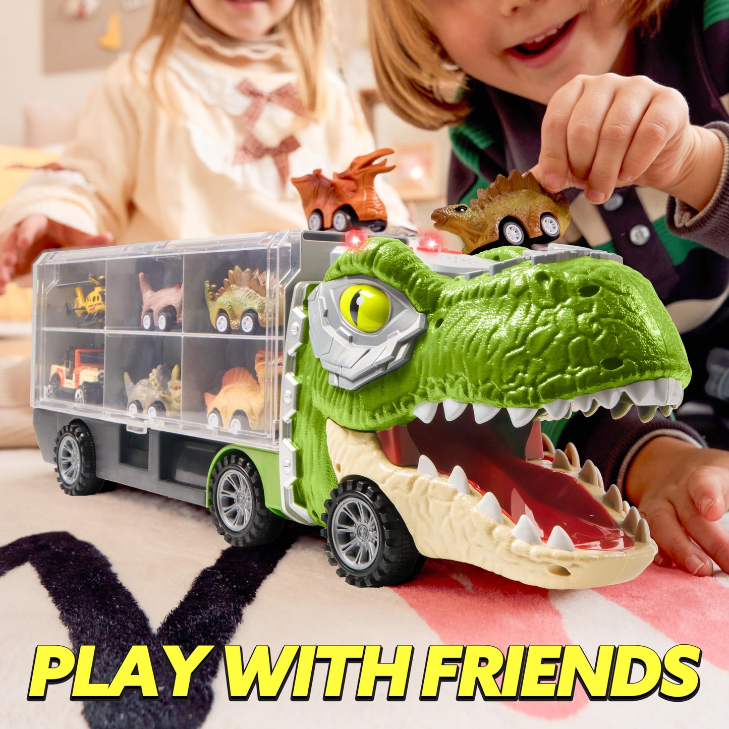 JOYIN 13-in-1 Dinosaur Truck with 12 Pull-Back Cars – Interactive Transport Carrier Toy for Kids 3-5