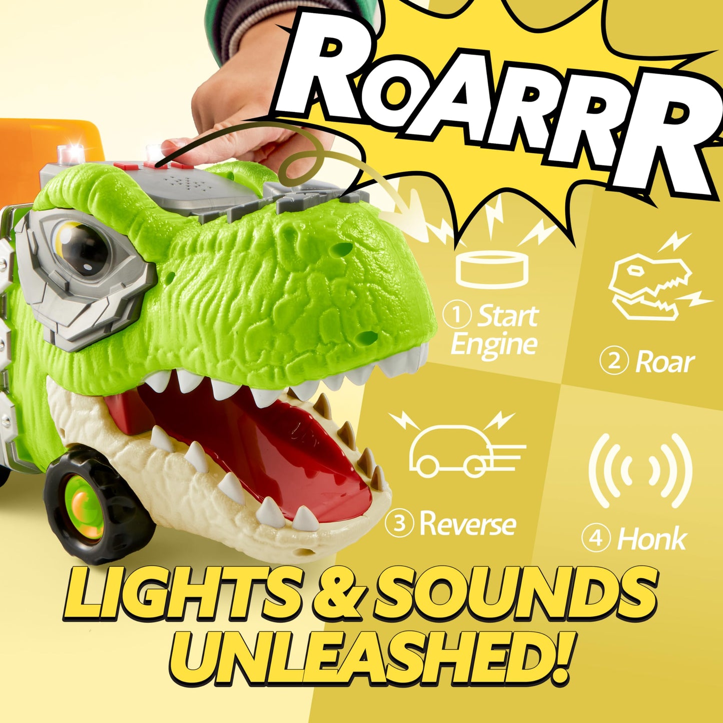JOYIN Dinosaur Carrier Truck with 6 Mini Cars – Toys for Kids 2-4, Music & Lights