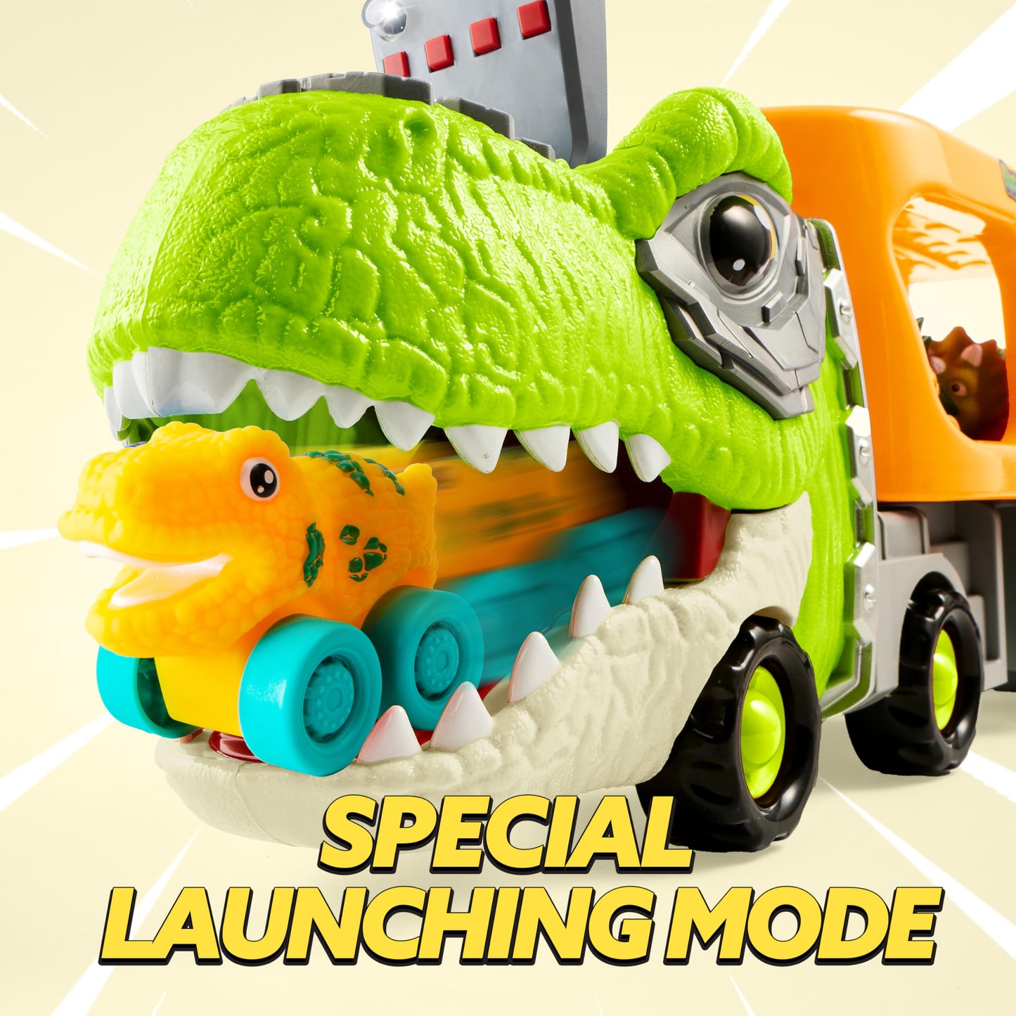 JOYIN Dinosaur Carrier Truck with 6 Mini Cars – Toys for Kids 2-4, Music & Lights