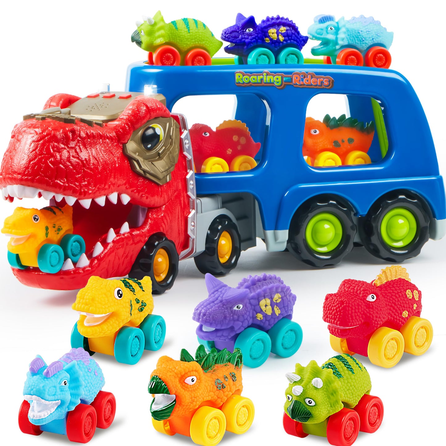 JOYIN Dinosaur Truck Toy for Kids – 6 Figures, Lights, Music & Built-In Storage