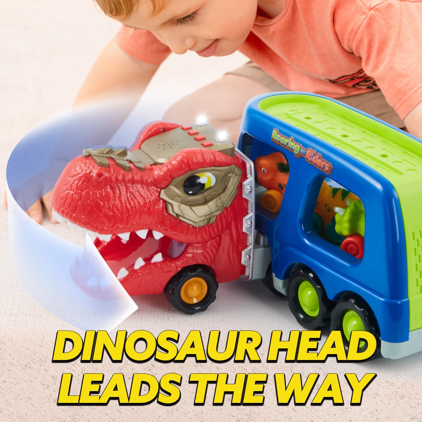 JOYIN Dinosaur Truck Toy for Kids – 6 Figures, Lights, Music & Built-In Storage
