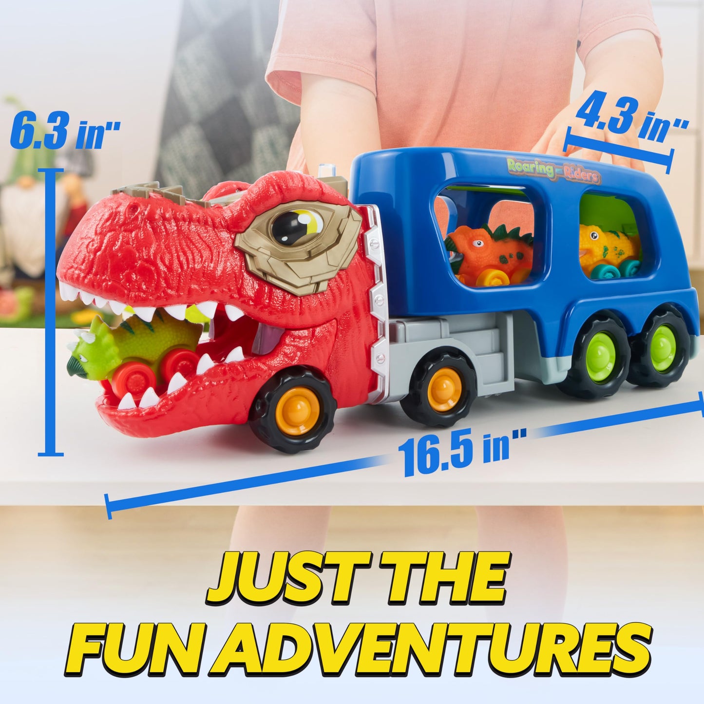 JOYIN Dinosaur Truck Toy for Kids – 6 Figures, Lights, Music & Built-In Storage