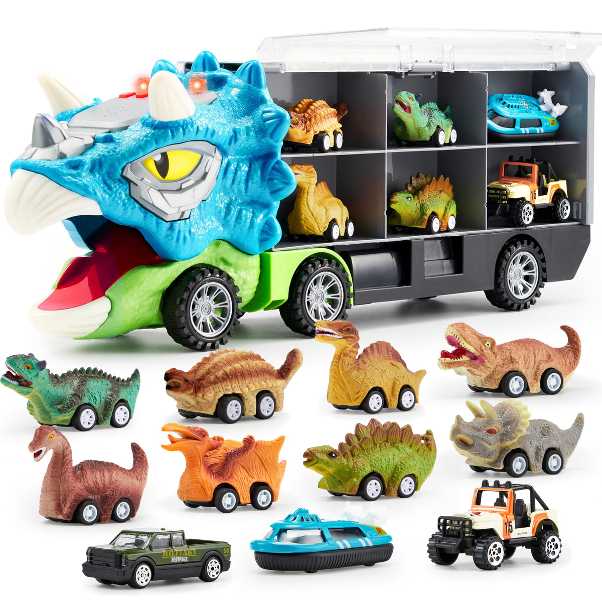 JOYIN 13-in-1 Dinosaur Truck with 12 Pull-Back Cars – Transport Carrier Toy for 3-5 Year Olds
