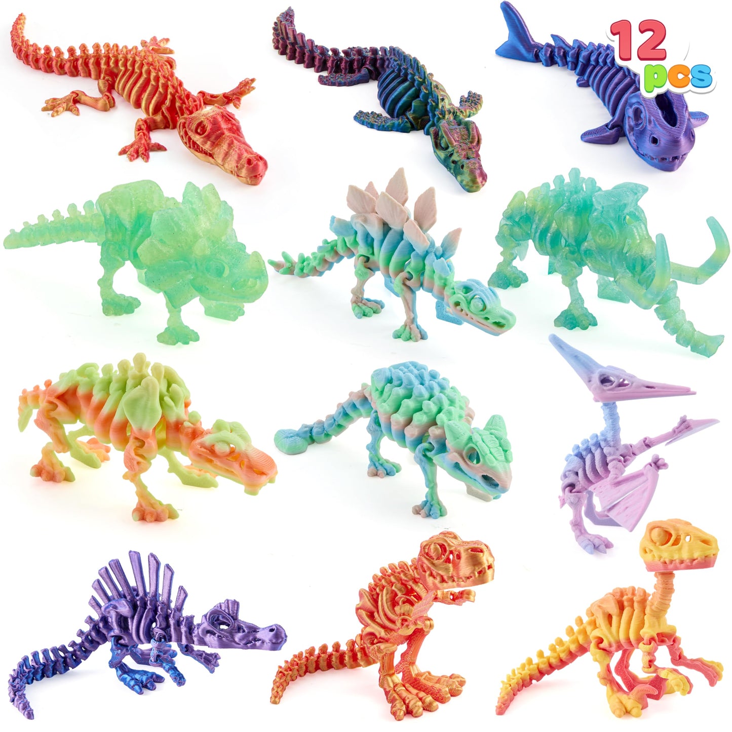 JOYIN 12-Piece 3D Printed Dinosaur Fidget Toys – Articulated Skeletons for Kids, Party Favors