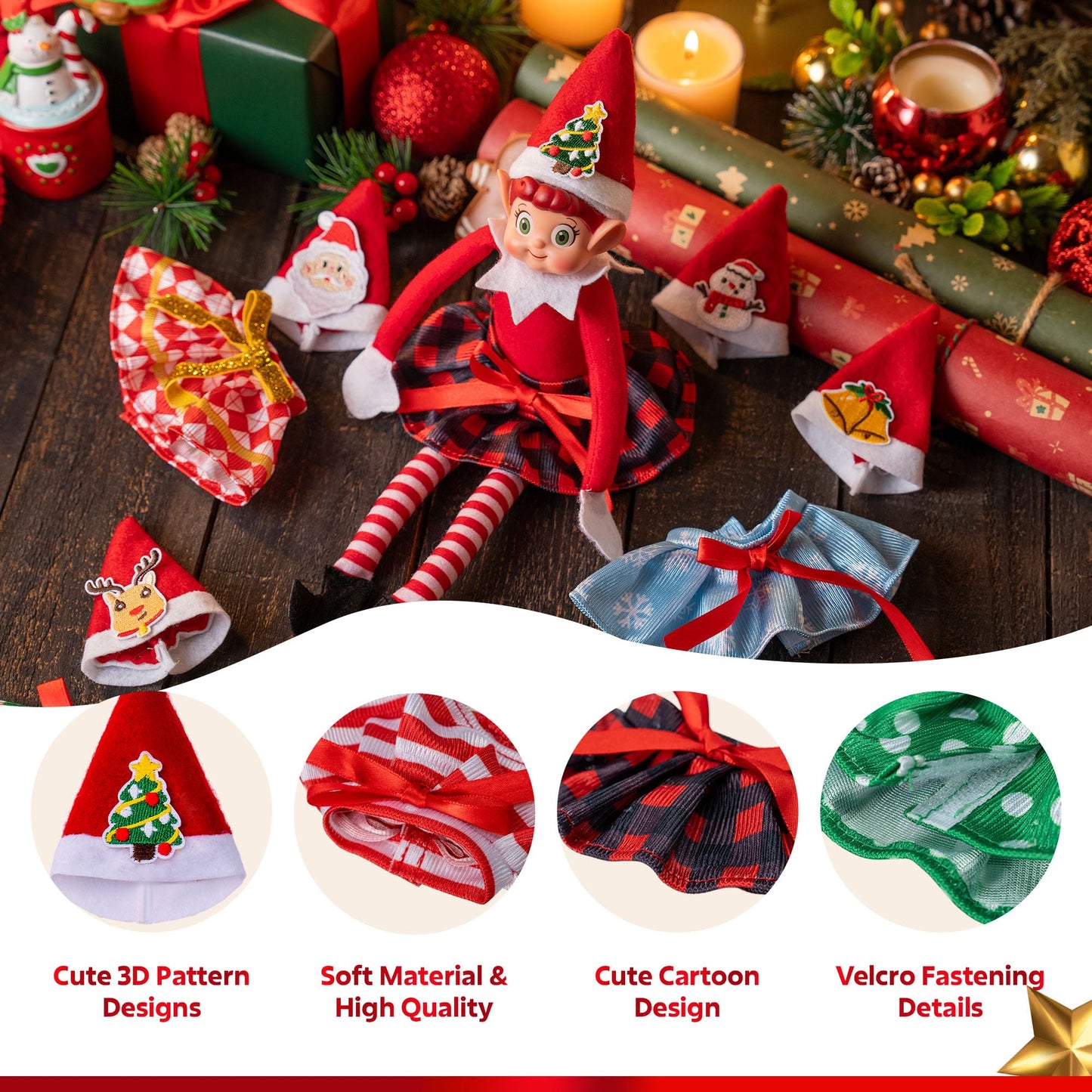 JOYIN 6-Piece Christmas Doll Skirt & Hat Set – Festive Dress-Up for Xmas Dolls