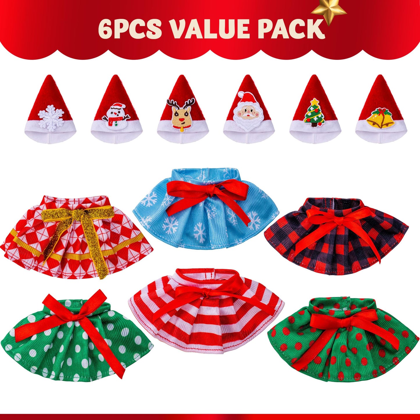 JOYIN 6-Piece Christmas Doll Skirt & Hat Set – Festive Dress-Up for Xmas Dolls