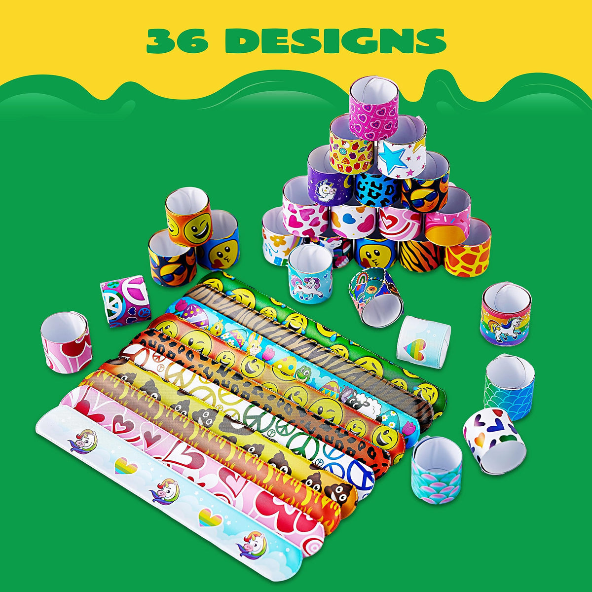JOYIN 60 Pcs Slap Bracelets for Kids – 36 Designs, Party Favors & Classroom Prizes