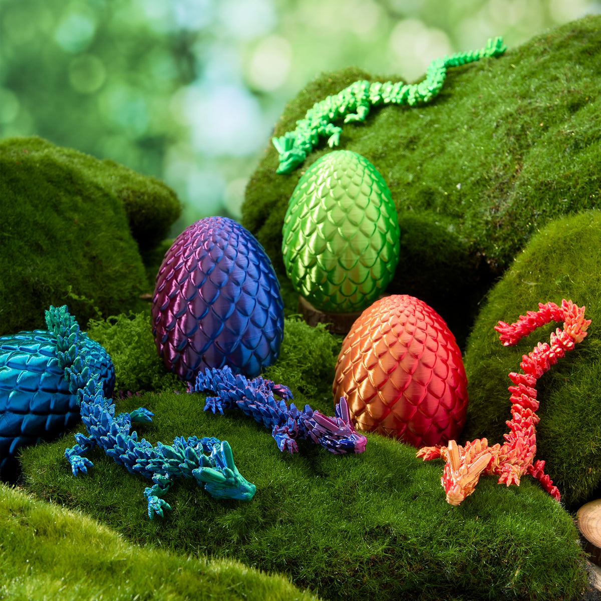 JOYIN 4 Pcs 3D Printed Dragon Eggs with Laser Dragons – Interactive Dragon Toys for Kids (Purple, Blue-Green, Red, Green)