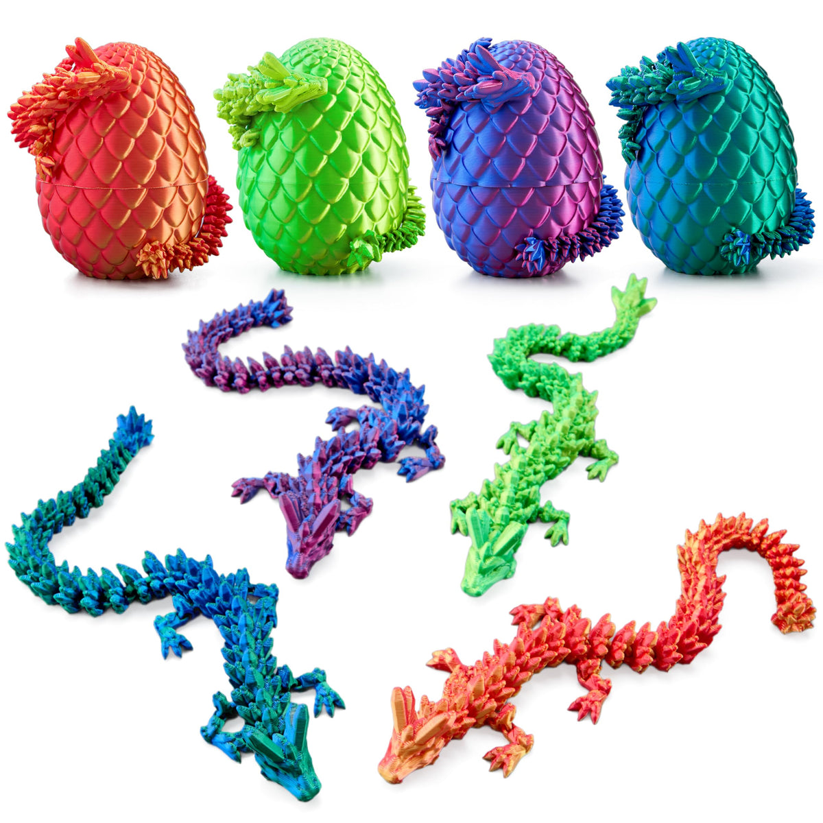 JOYIN 4 Pcs 3D Printed Dragon Eggs with Laser Dragons – Interactive Dragon Toys for Kids (Purple, Blue-Green, Red, Green)