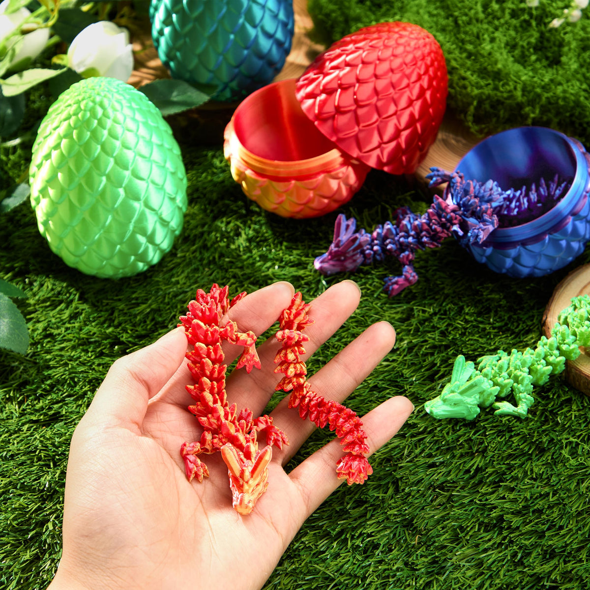 JOYIN 4 Pcs 3D Printed Dragon Eggs with Laser Dragons – Interactive Dragon Toys for Kids (Purple, Blue-Green, Red, Green)