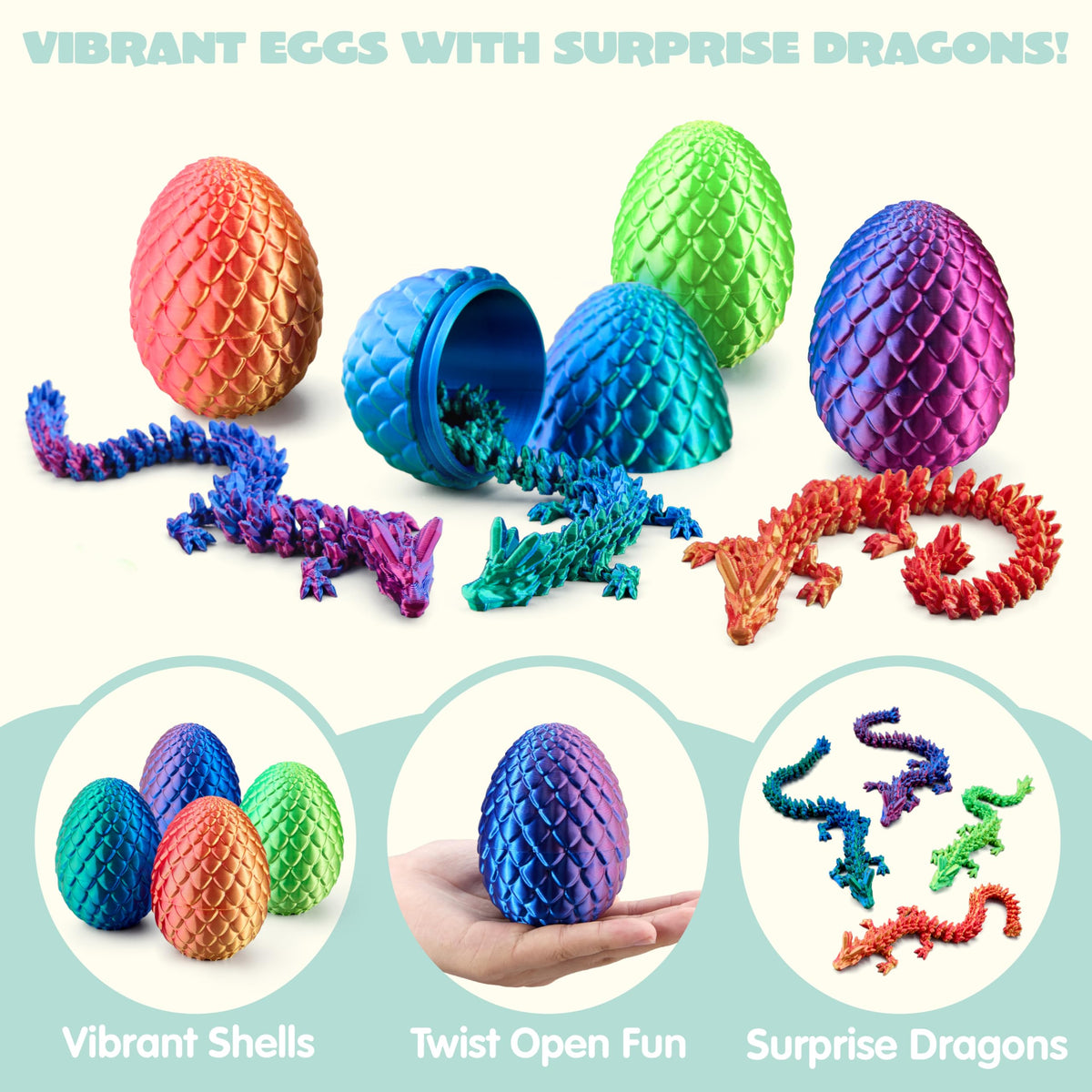 JOYIN 4 Pcs 3D Printed Dragon Eggs with Laser Dragons – Interactive Dragon Toys for Kids (Purple, Blue-Green, Red, Green)
