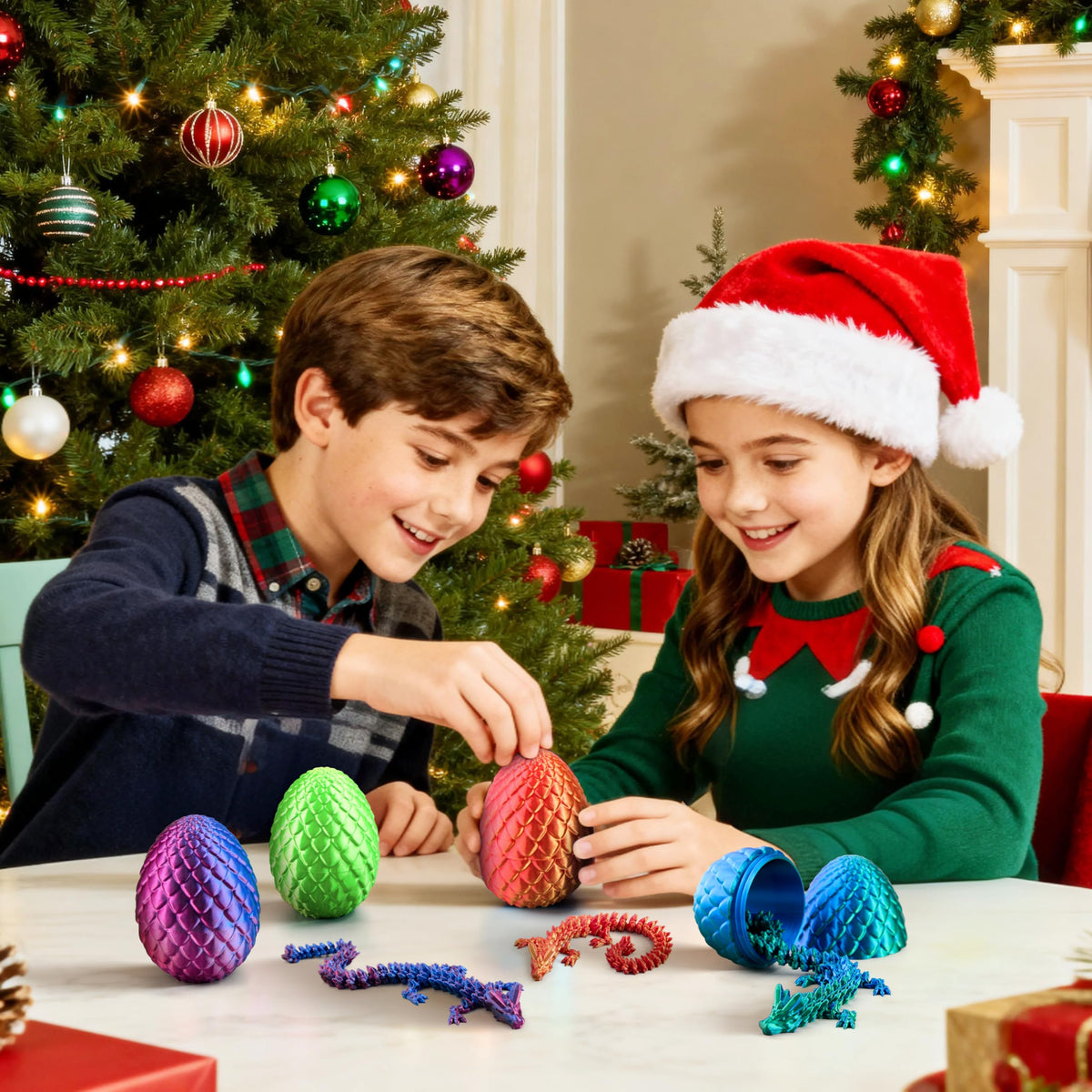 JOYIN 4 Pcs 3D Printed Dragon Eggs with Laser Dragons – Interactive Dragon Toys for Kids (Purple, Blue-Green, Red, Green)