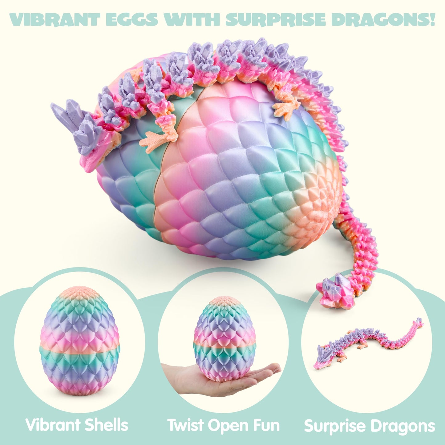 JOYIN 3D Printed Dragon Egg with 12-Inch Laser Rainbow Dragon Inside – Articulated Toy