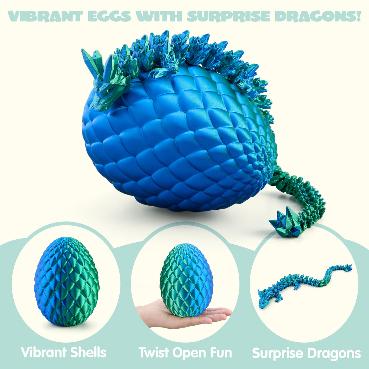 JOYIN 3D Printed Dragon Egg with 12-inch Laser Blue-Green Dragon Inside – Articulated Toy & Easter Gift