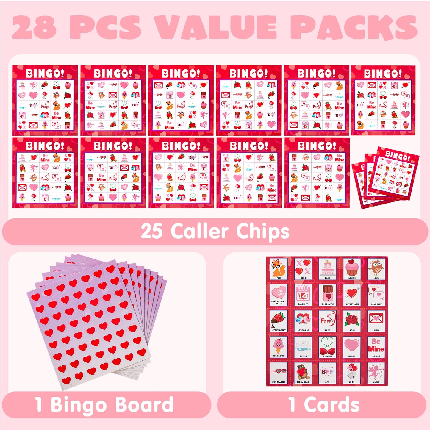 JOYIN Valentines Day Bingo Game Cards (5x5) – 28-Player Set for Kids, Classroom & Family Fun