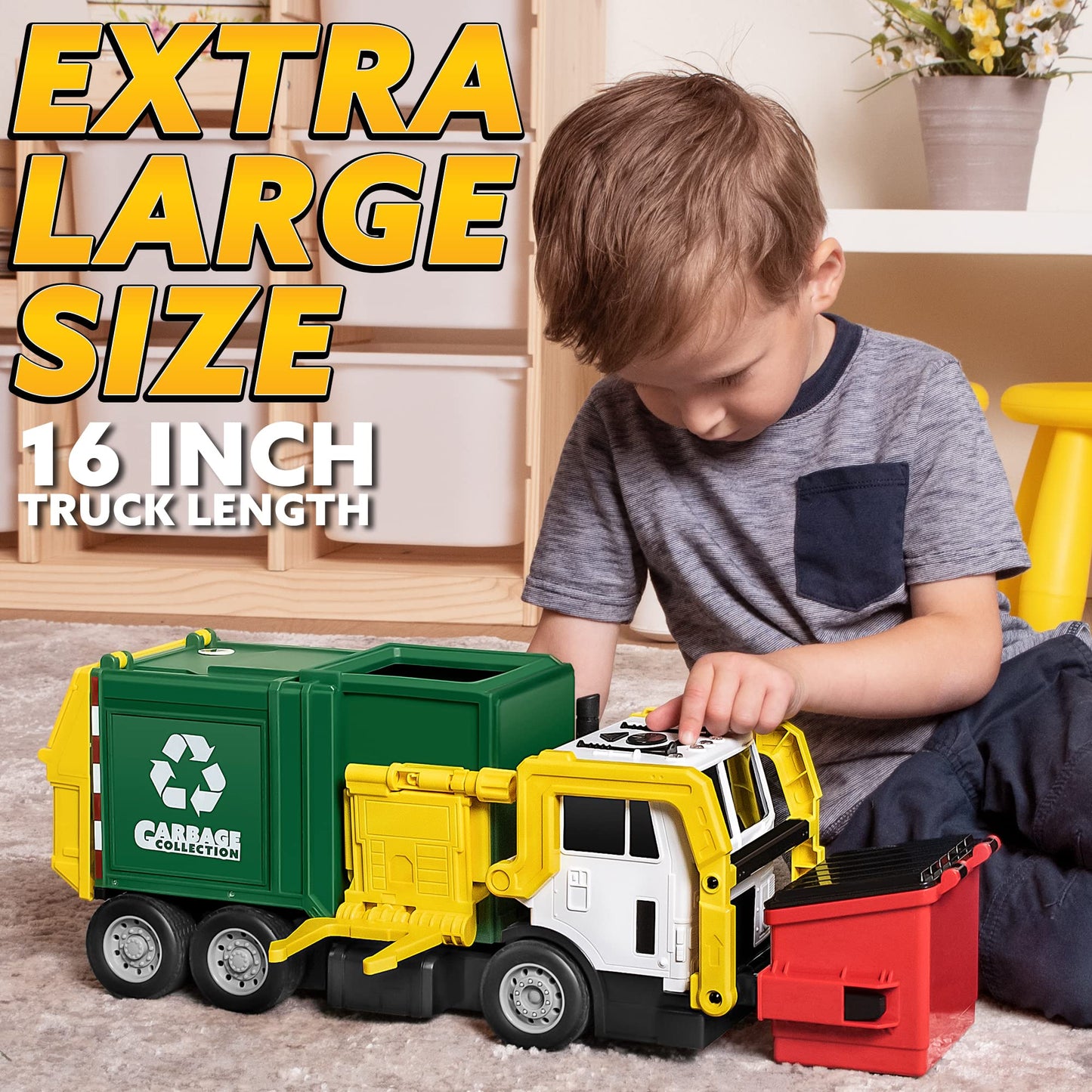 JOYIN Large Friction-Powered Garbage Truck Toy Set with Dumpster, Bins & Learning Cards