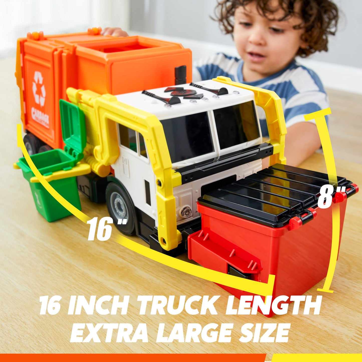 JOYIN Large Friction Powered Garbage Truck Toy Set – Front Loader, Dumpster, Bins & Learning Cards (Orange)