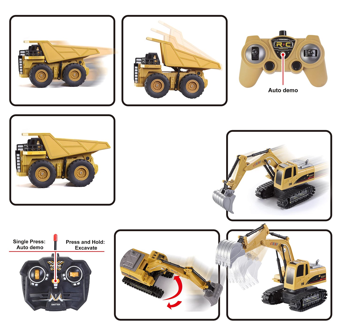 JOYIN 2‑Pack Remote Control Construction Vehicles — RC Excavator & Dump Truck with Lights & Sounds