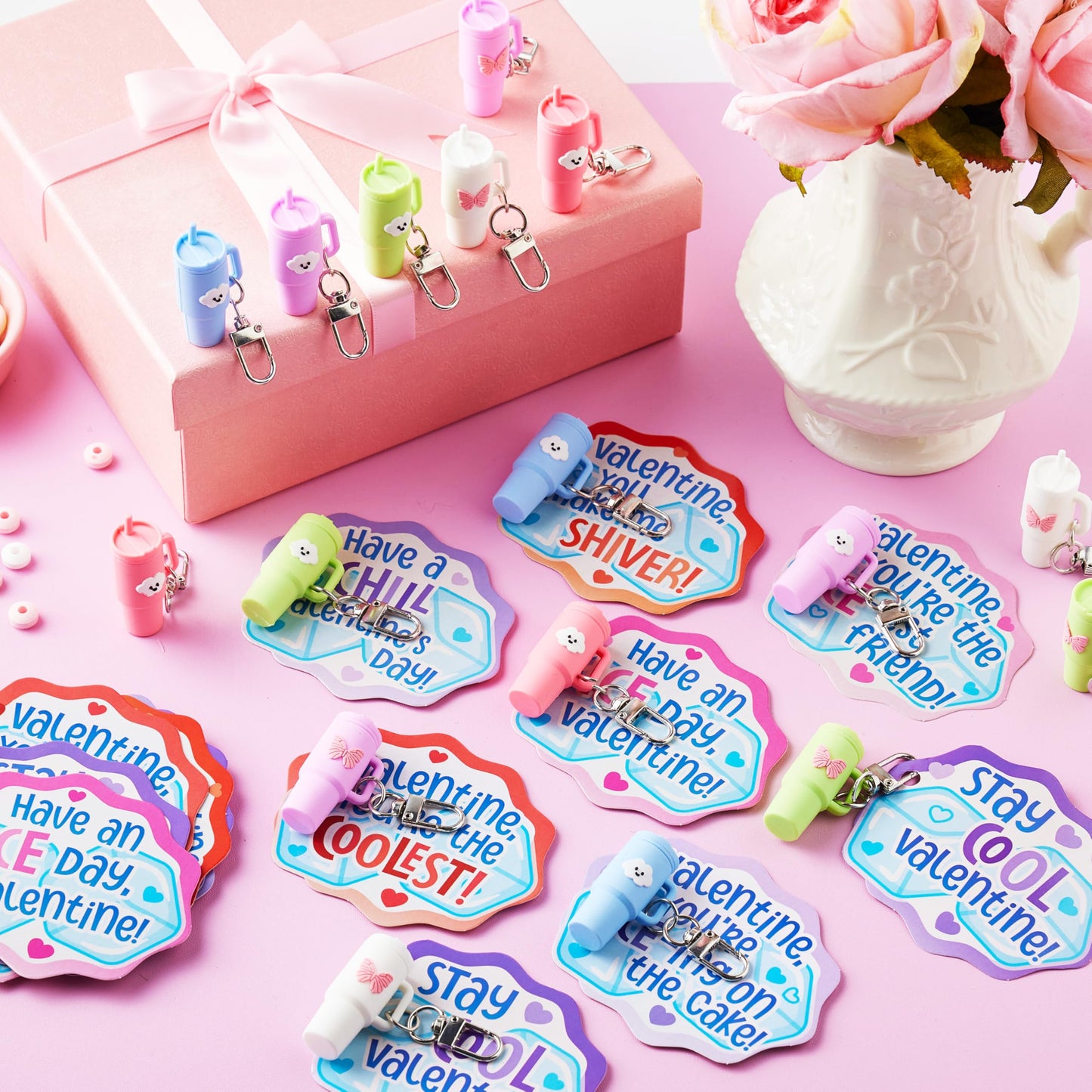 JOYIN 28-Pack Valentines Day Gifts for Kids Classroom — Cute Mini Tumbler Keychains with Cards