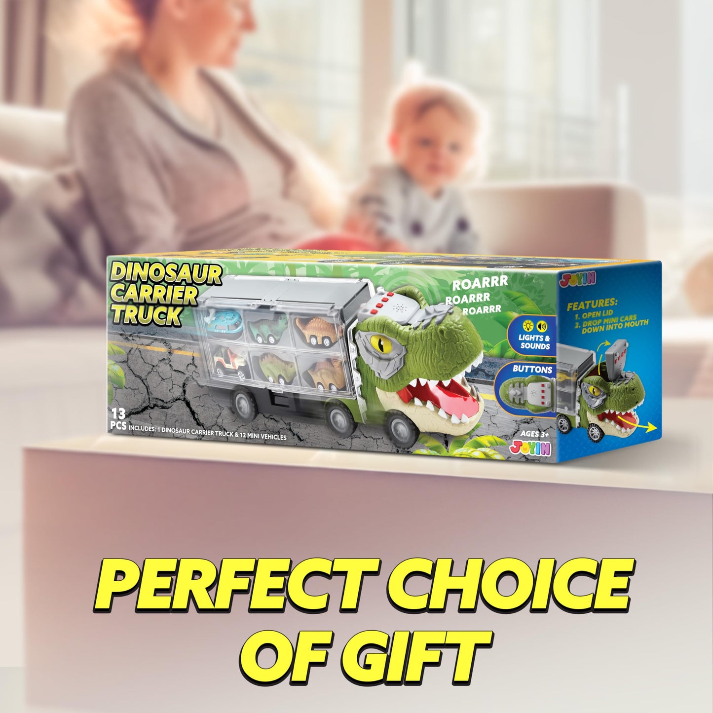 JOYIN 13-in-1 Dinosaur Truck with 12 Pull-Back Cars – Interactive Transport Carrier Toy for Kids 3-5